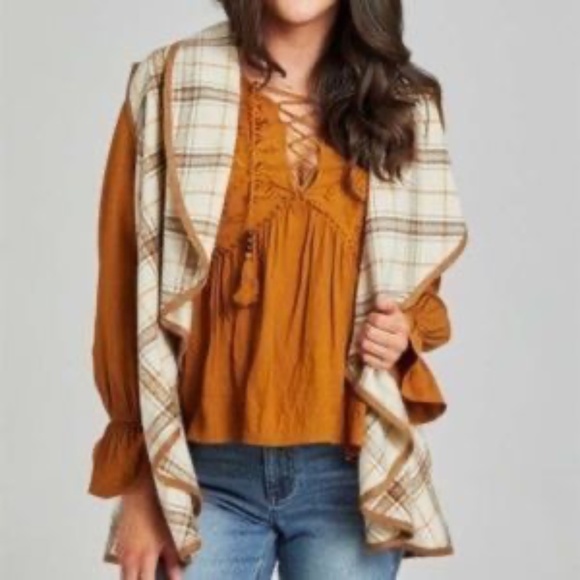 Altar'd State Cream and Brown Plaid Waterfall Vest - Small - Tan Trim Sleeveless - Picture 5 of 8